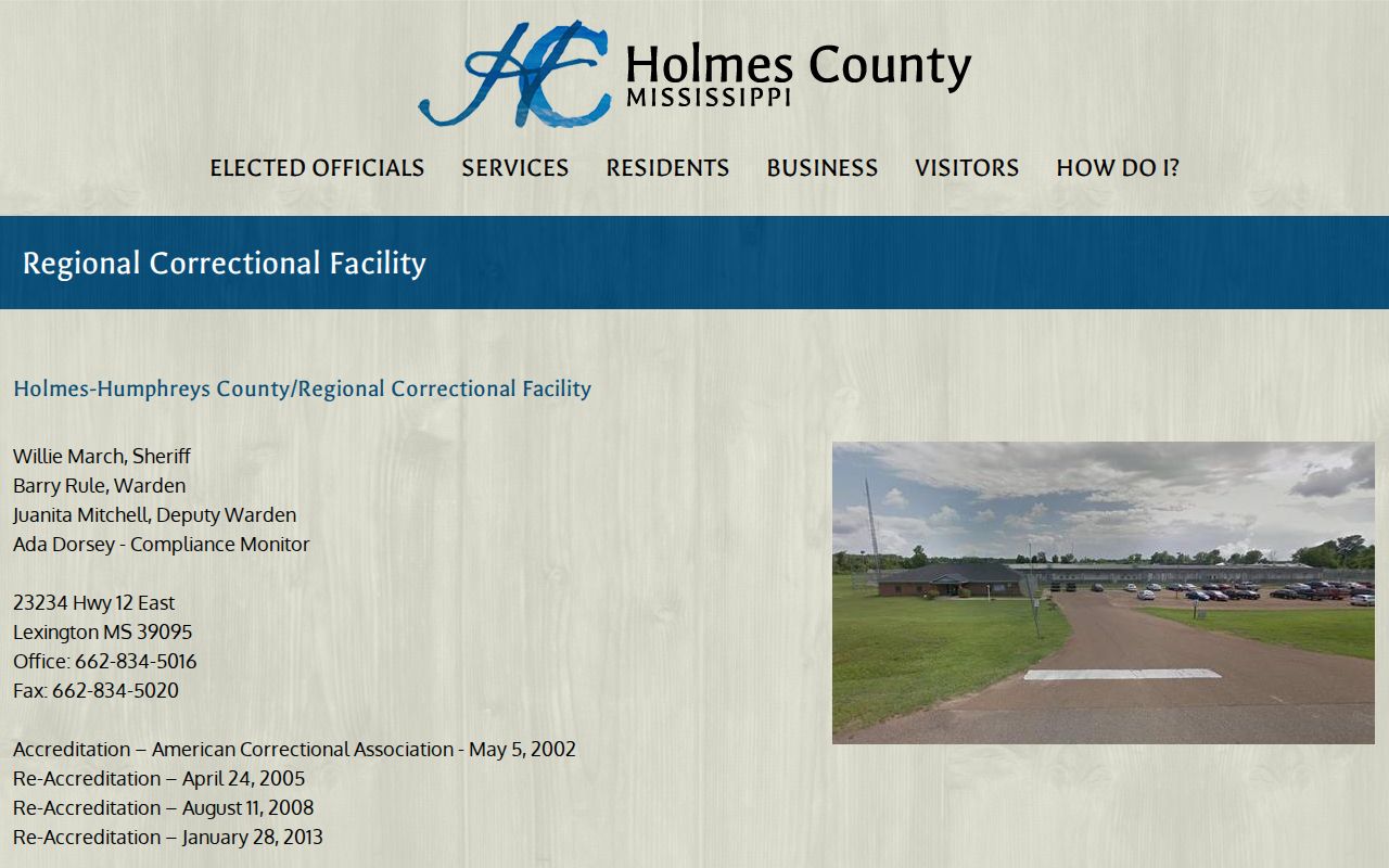 Official Holmes County regional correctional facility page