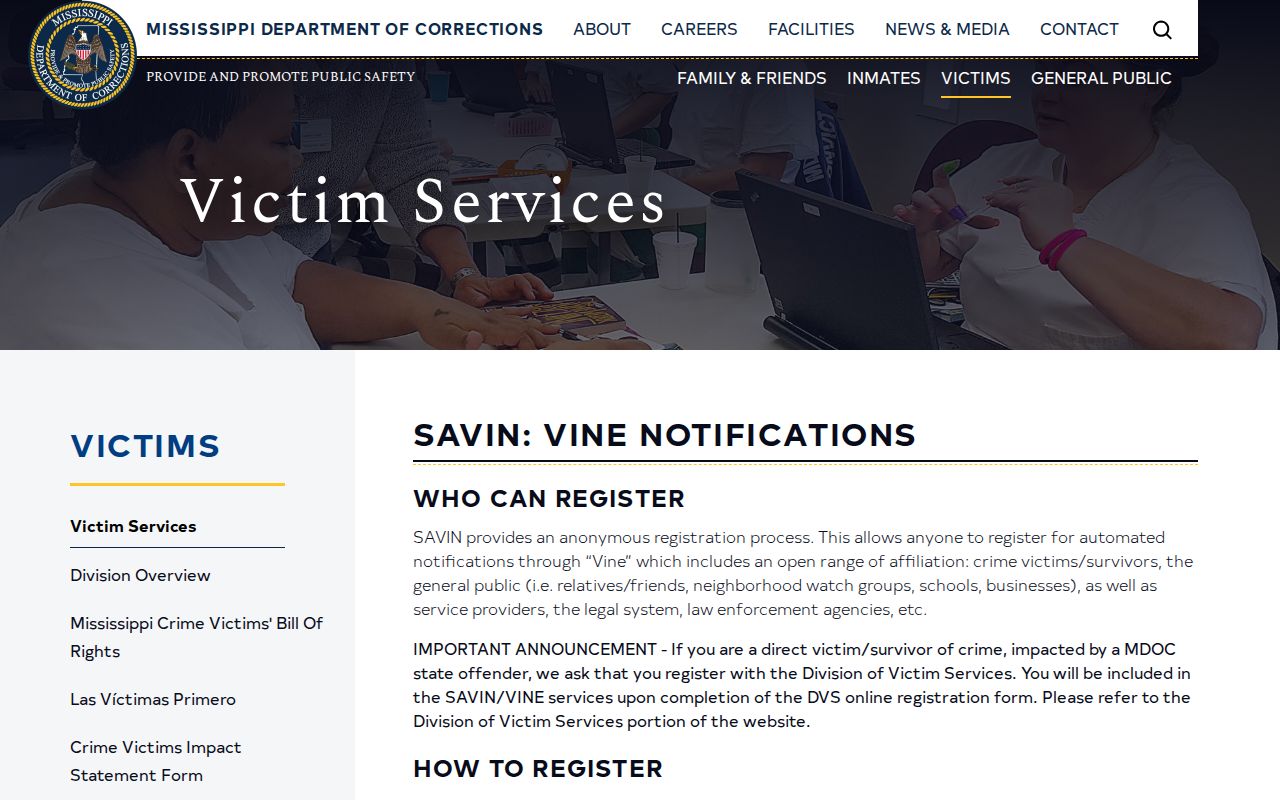 Holmes County VINE release notification information on the official MS SAVIN service